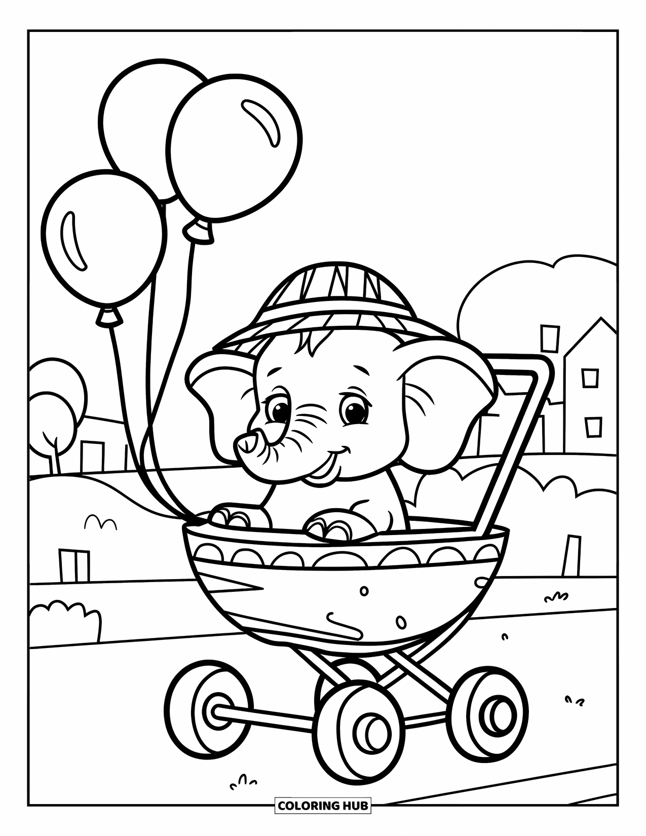 Baby Shower Coloring Page for Kids: A baby elephant in a straw hat rides a stroller with balloons near trees and buildings