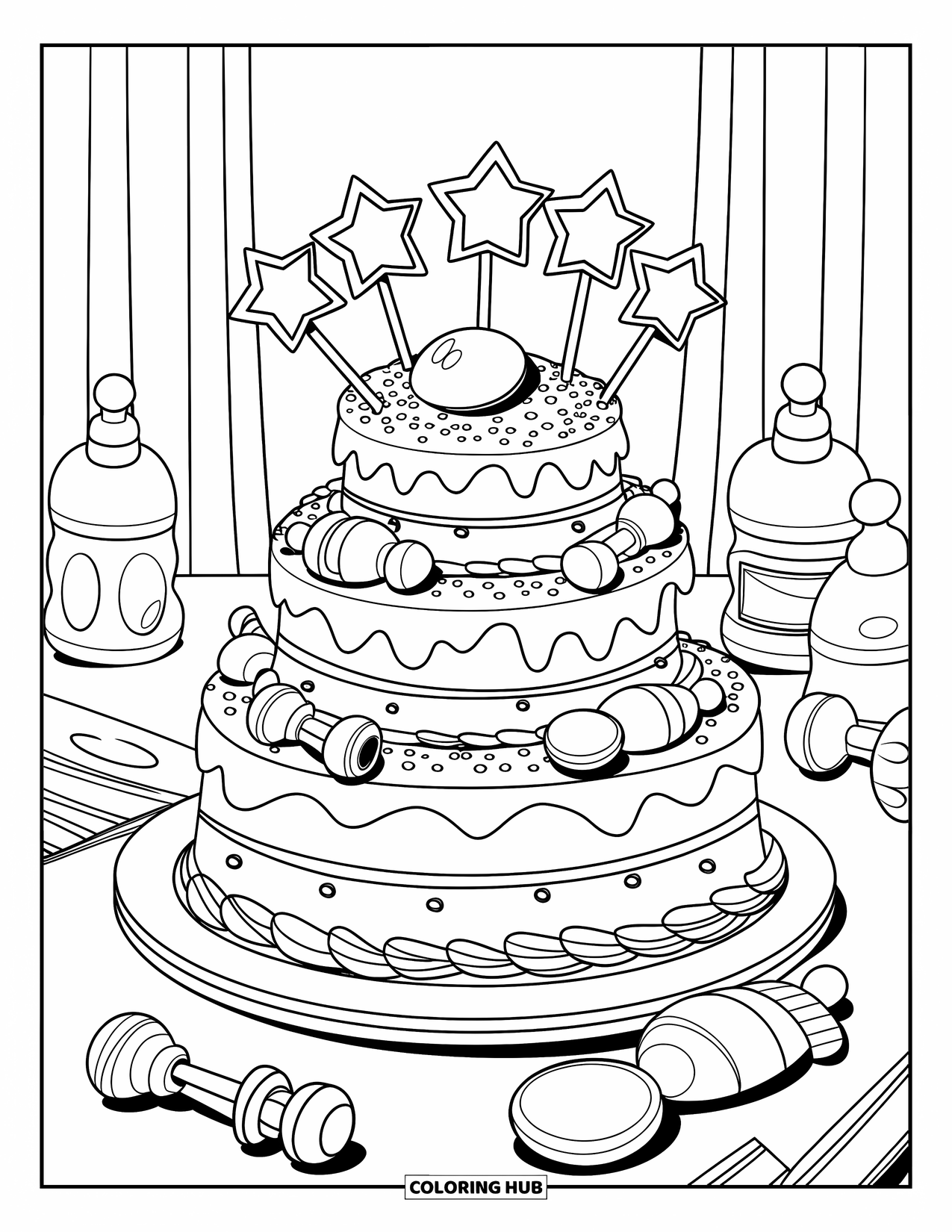 Baby Shower Coloring Page for Kids: A baby shower cake decorated with rattles and stars is surrounded by tiny baby items