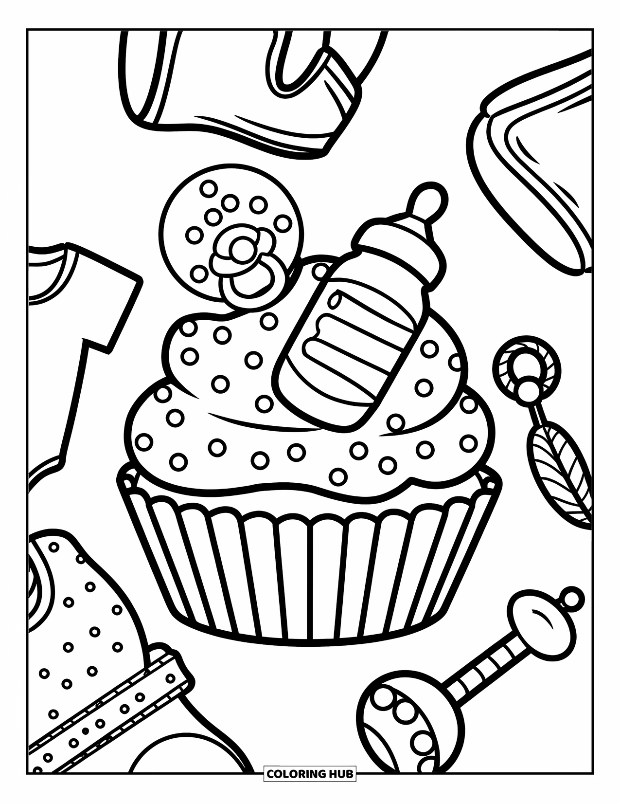 Baby Shower Coloring Page for Kids: A baby-themed cupcake holds a bottle and pacifier with cute items all around