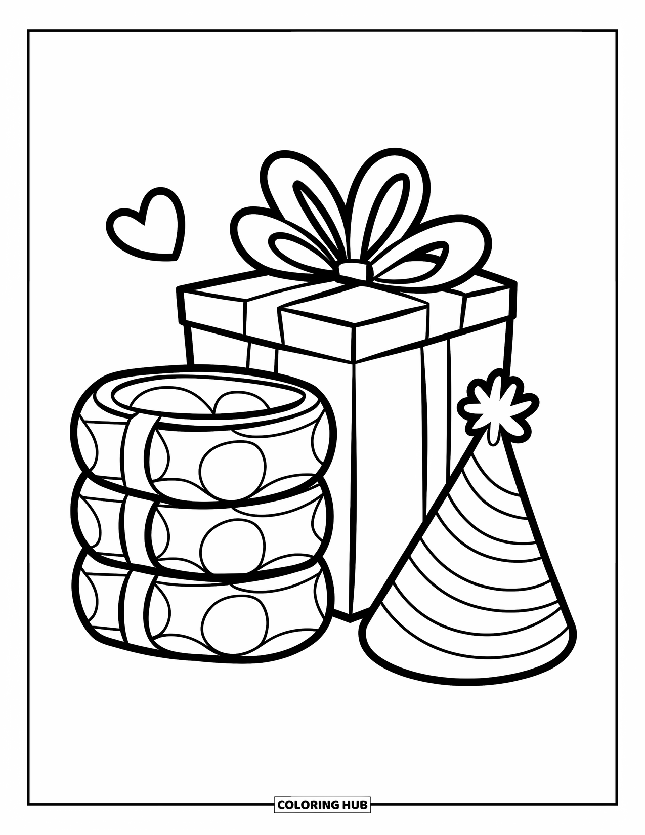 Baby Shower Coloring Page for Kids: A bow-topped diaper stack stands next to a heart-decorated gift and hat