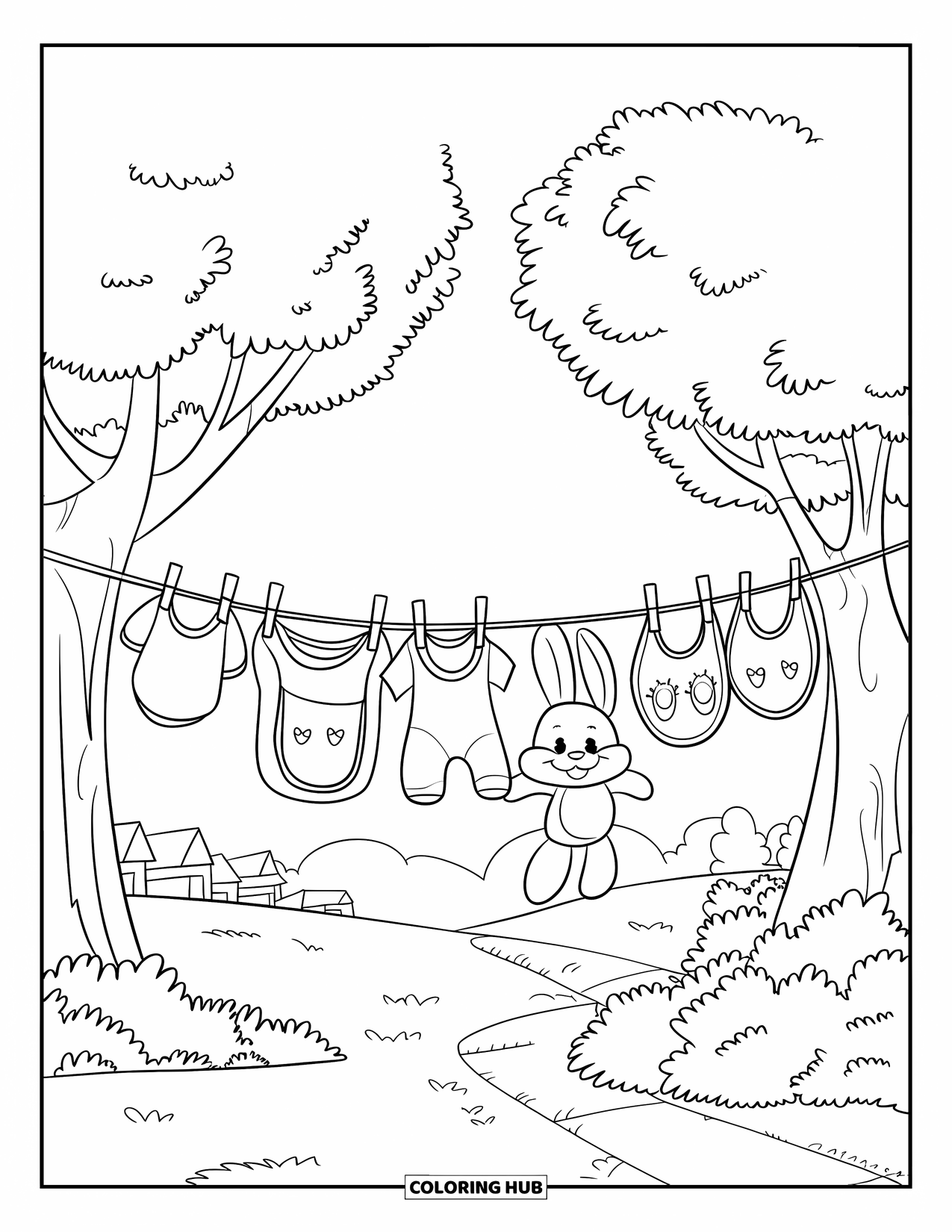 Baby Shower Coloring Page for Kids: A clothesline between trees holds baby clothes, bibs, and a stuffed bunny