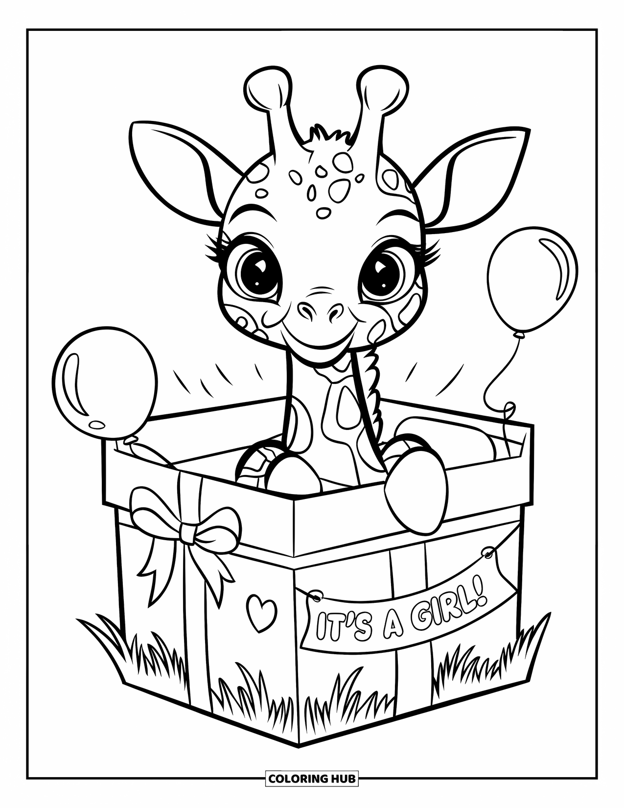 Baby Shower Coloring Page for Kids: A giraffe with big eyes peeks from a gift box with balloons and an "It's a girl!" banner