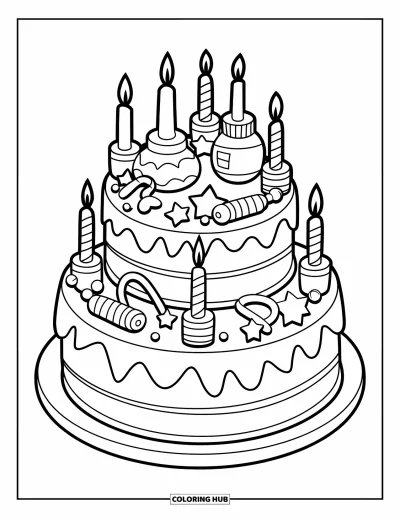 Babaváró kifestő gyerekeknek: Többszintes babaváró torta tetején csörgők, cumisüvegek, csillagok és gyertyák díszlenek