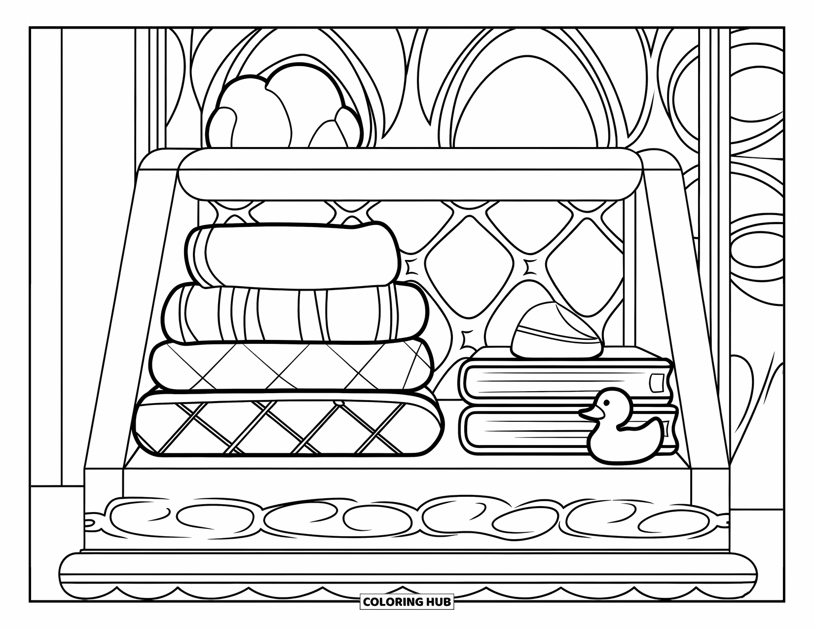 Baby Shower Coloring Page for Kids: A nursery shelf holds blankets, books, and a rubber duck against a patterned wall