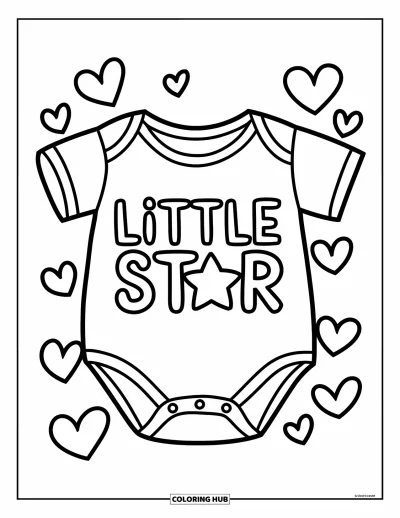 Babaváró kifestő gyerekeknek: "Little Star" feliratú body szívek között lebeg tiszta háttéren