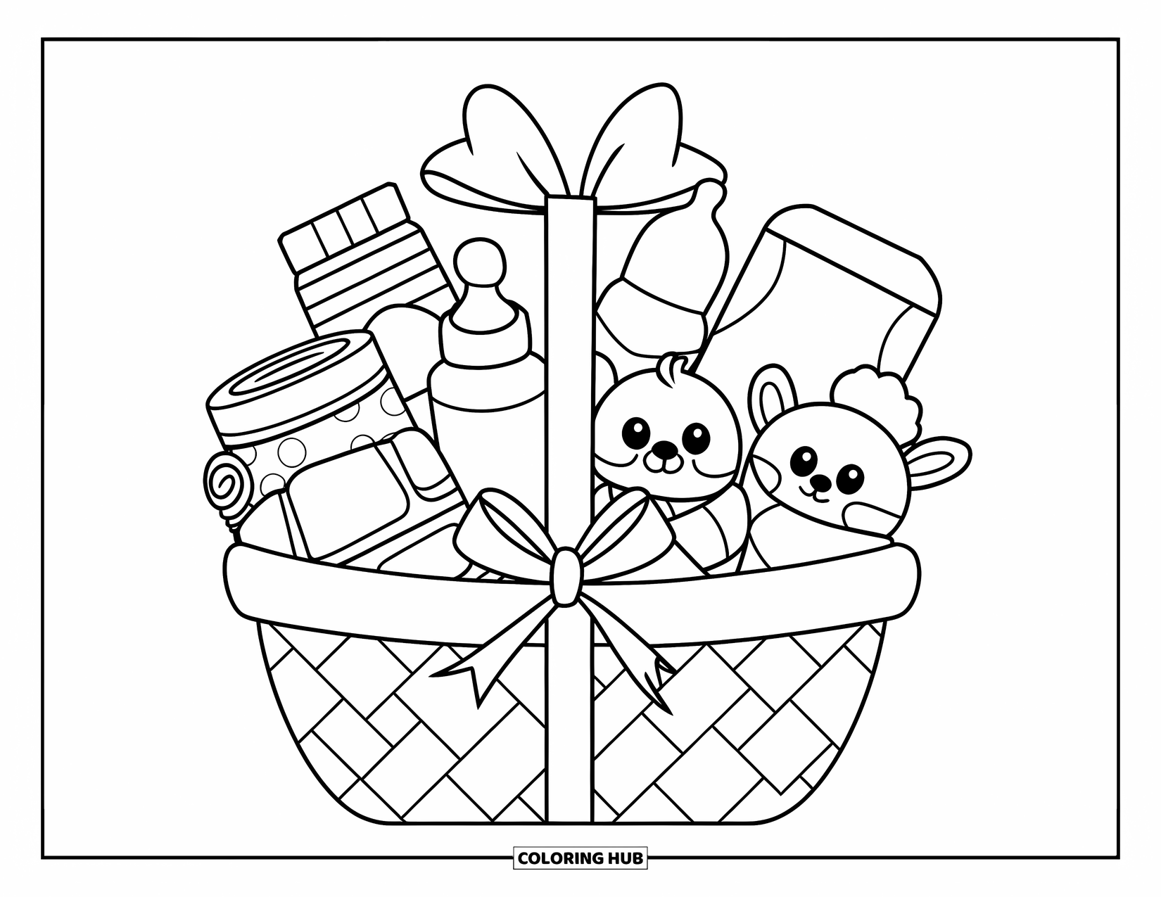 Baby Shower Coloring Page for Kids: A ribbon-tied basket is filled with baby bottles, diapers, and cute stuffed animals