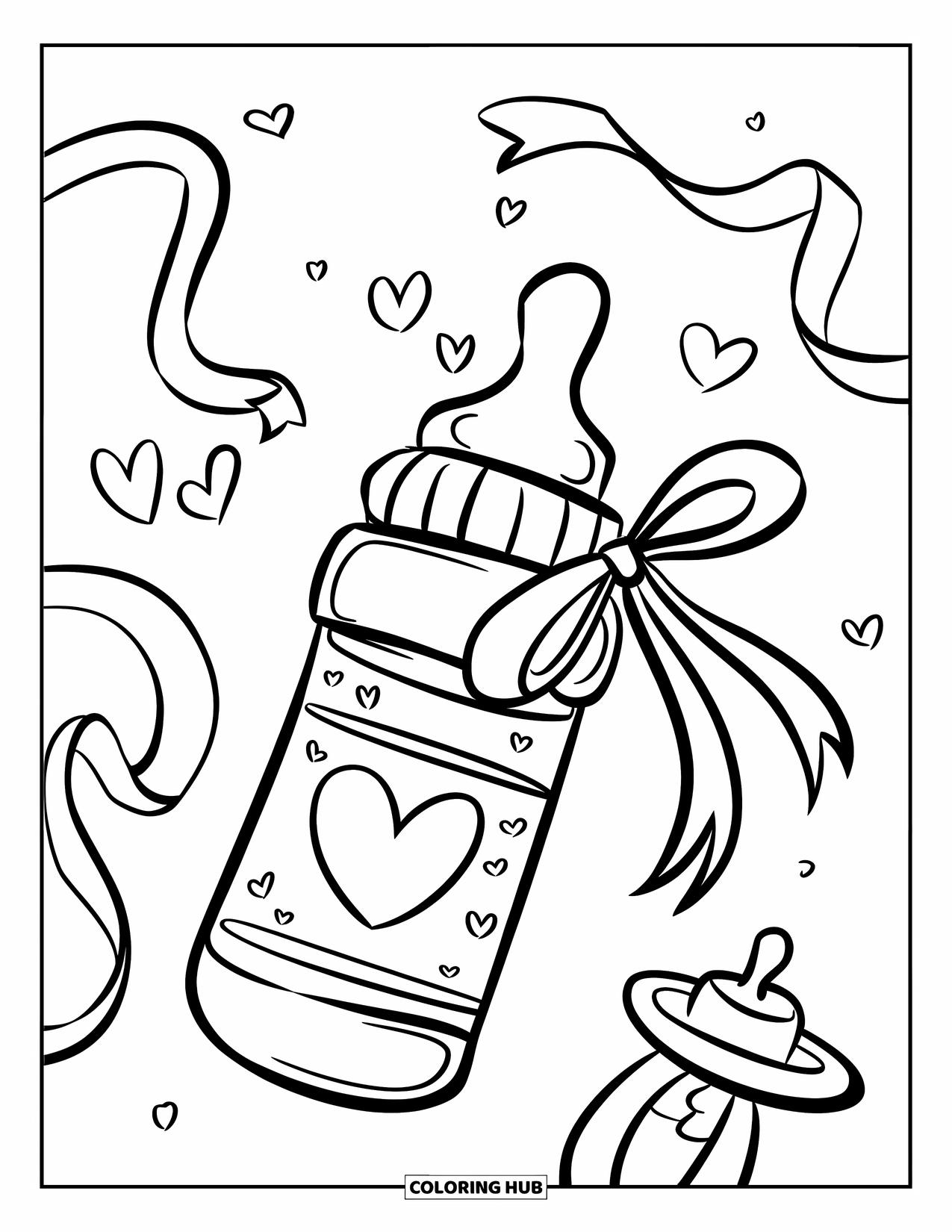Baby Shower Coloring Page for Kids: A ribbon-wrapped baby bottle sits among floating hearts, ribbons, and a nearby pacifier