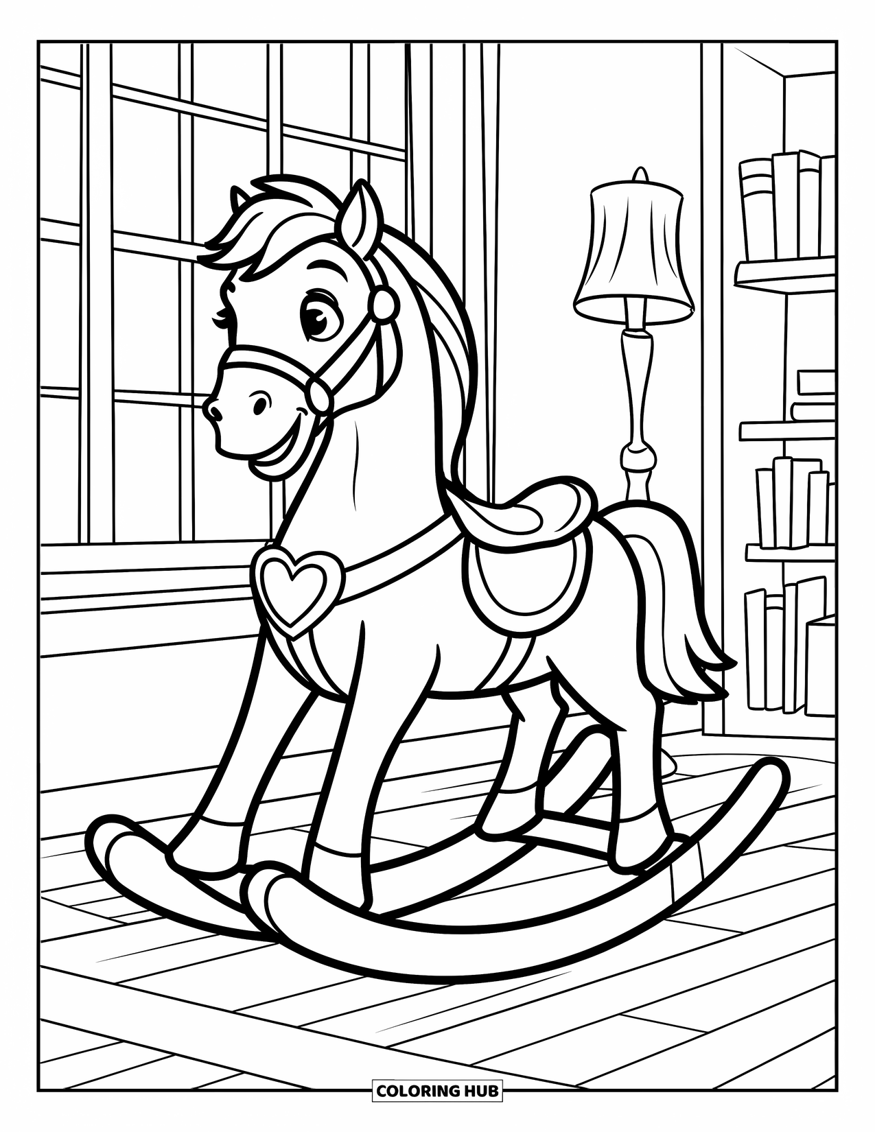 Baby Shower Coloring Page for Kids: A rocking horse with a heart saddle sits in a cozy room with a lamp and bookshelf