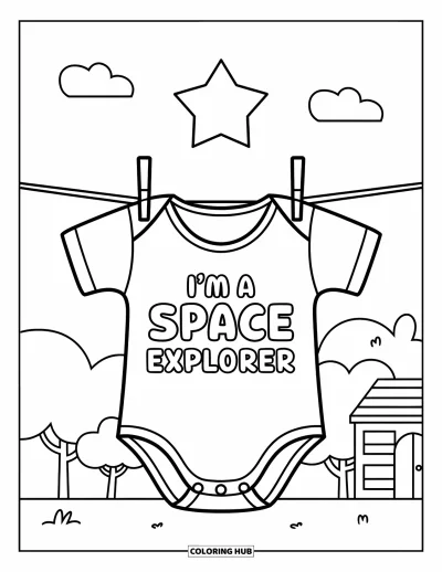 Babaváró kifestő gyerekeknek: "Space explorer" feliratú body lóg kötélen, mögötte felhők, fák és ház