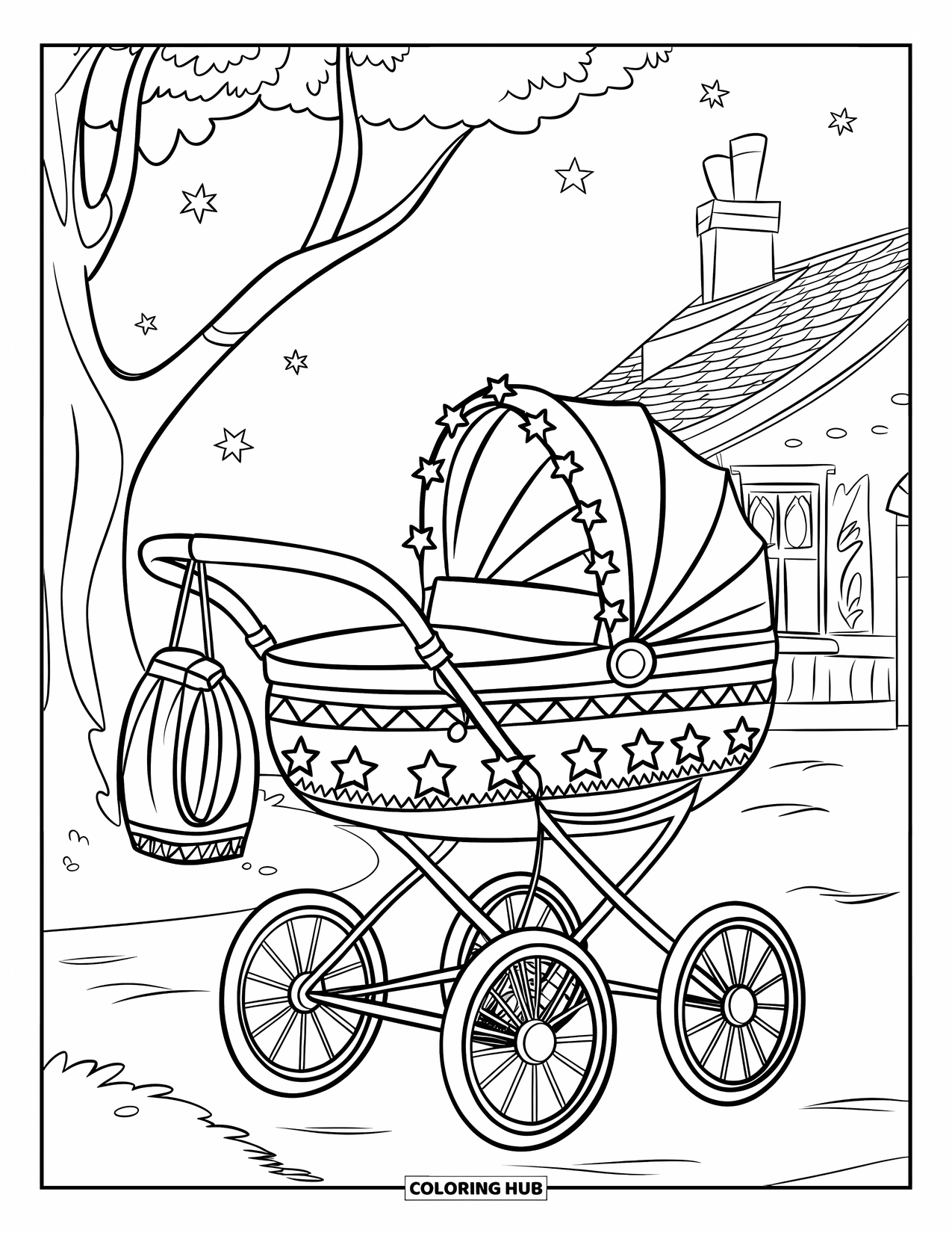 Baby Shower Coloring Page for Kids: A starry stroller sits near a cottage with a chimney and night sky