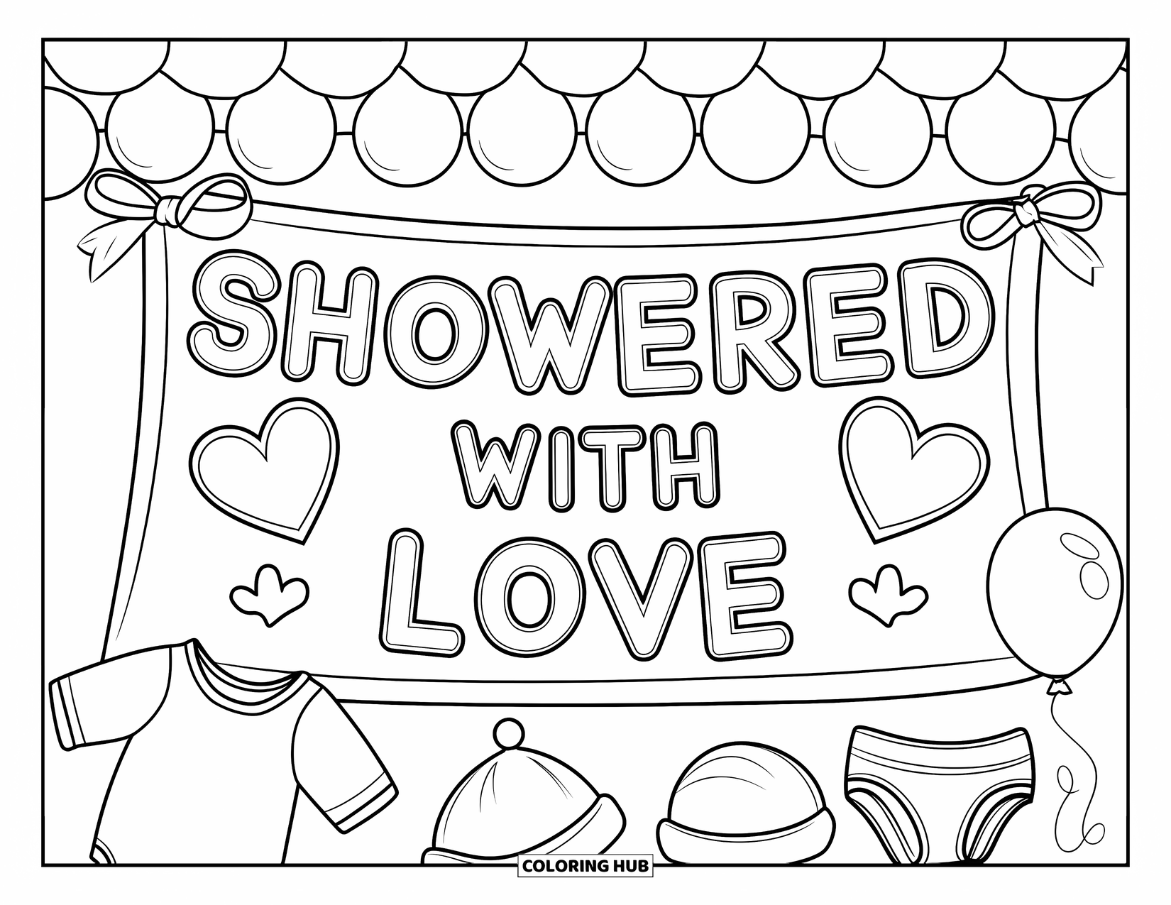 Baby Shower Coloring Page for Kids: A sweet banner saying "Showered with Love" is framed with balloons and baby essentials