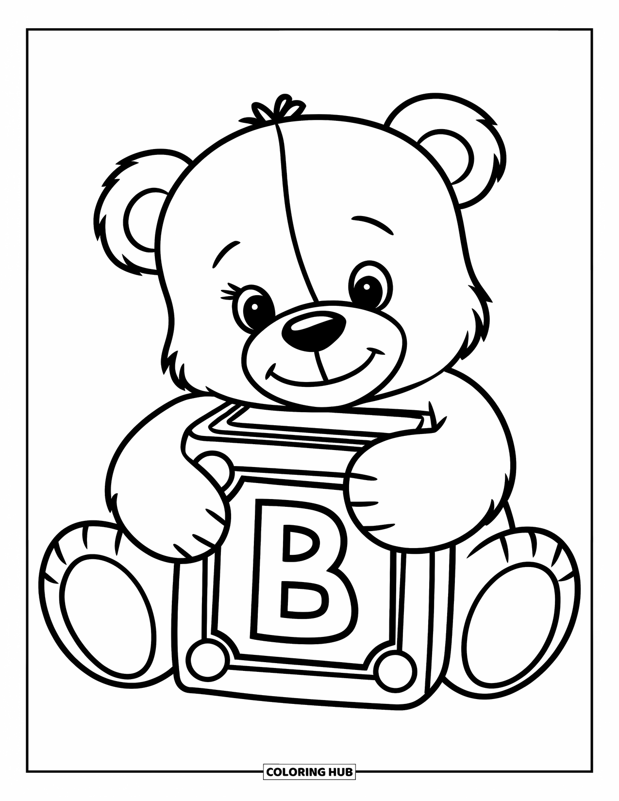 Baby Shower Coloring Page for Kids: A sweet teddy bear cuddles a "B" block with a gentle smile