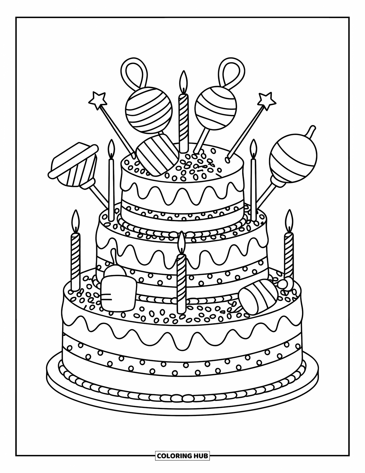 Baby Shower Coloring Page for Kids: A three-tier cake with stars, bottles, and rattles stands ready for a baby celebration