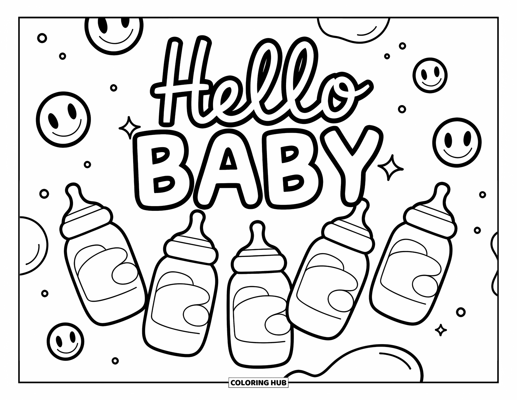 Baby Shower Coloring Page for Kids: Cursive "Hello Baby" and five bottles float among smiley bubbles in the air