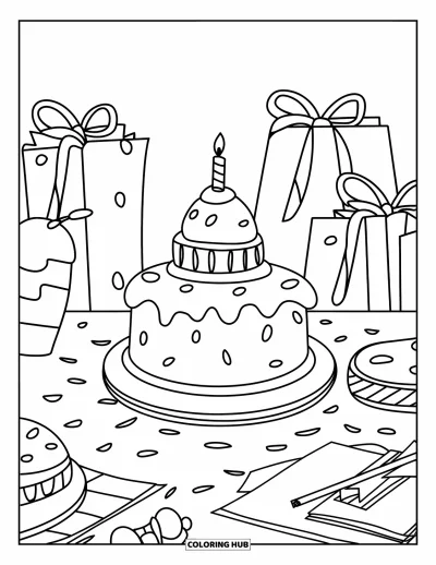 Babaváró kifestő gyerekeknek: Ajándéktáskák és cumisüveg formájú torta díszítenek egy boldog babaváró asztalt