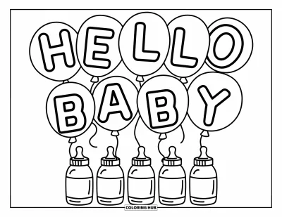 Babaváró kifestő gyerekeknek: A "Hello Baby" felirat öt cumisüveg felett lebeg vidám és buborékos hangulatban