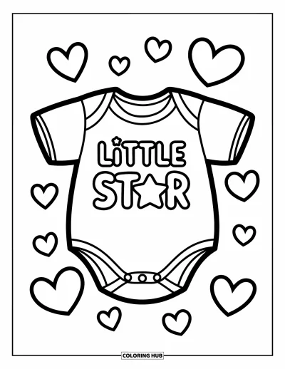Babaváró kifestő gyerekeknek: "Little Star" feliratú body lebegő szívek között csillog egyszerű, kedves jelenetben