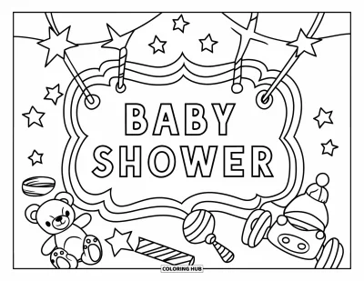 Babaváró kifestő gyerekeknek: Játékok és csillagok veszik körül a derűs "Baby Shower" feliratot fehér háttéren