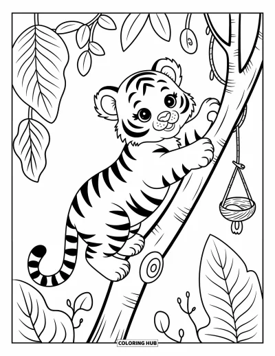 Tegning af babytiger til voksne: Eventyrlystig babytiger klatrer op ad et lavt træ nær et hyggeligt rede