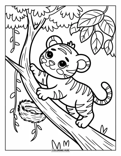 Tegning af babytiger til voksne: Babytiger klatrer op ad en gren med en pote rakt mod store blade
