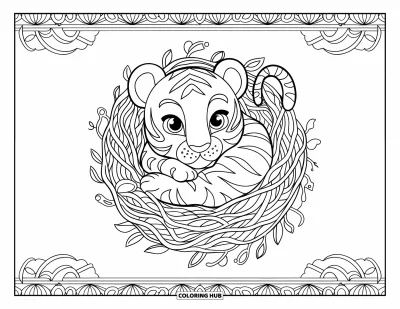 Tegning af babytiger til voksne: Babytiger er rullet ind i et hyggeligt rede af lianer og kronblade
