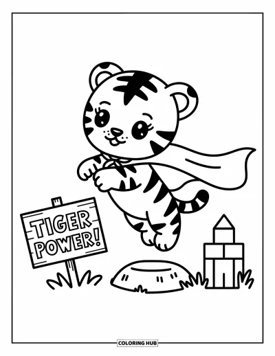 Tegning af babytiger til voksne: Babytiger springer fra en sten i superheltpose med en flot kappe
