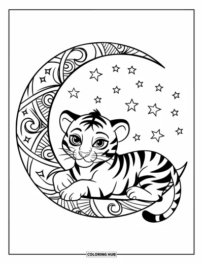 Tegning af babytiger til voksne: Babytiger ligger stille under en måne fyldt med svirende mønstre og stjerner