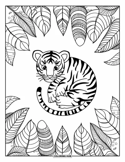 Tegning af babytiger til voksne: Babytiger hviler i en spiralpose med mønstrede blade rundt om sig
