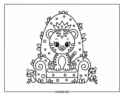 Tegning af babytiger til voksne: Babytiger med bladkrone sidder stolt på en skovtrone