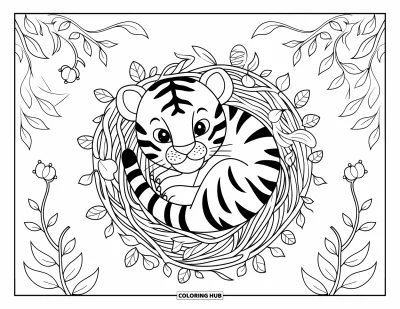 Tegning af babytiger til voksne: Oprullet tigerunge hviler i en rede af kronblade med løvmønstre rundt om