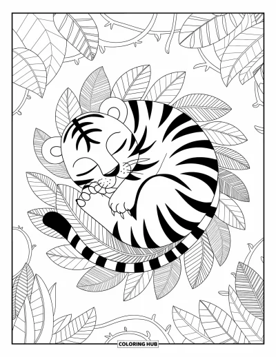 Tegning af babytiger til voksne: Oprullet tiger sover blandt svirende jungelblades i et detaljeret miljø