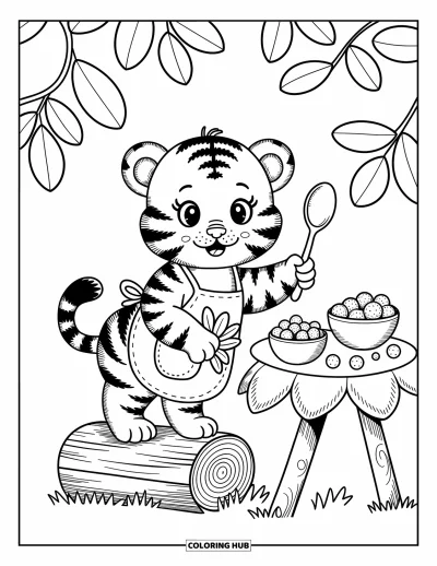 Tegning af babytiger til voksne: Sød kokkiger serverer bitte snacks på en stomp-topbordskke i skoven