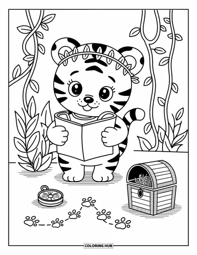 Tegning af babytiger til voksne: Lille junglelorsker tiger gemmer sig bag lianer med et legetøjskompas