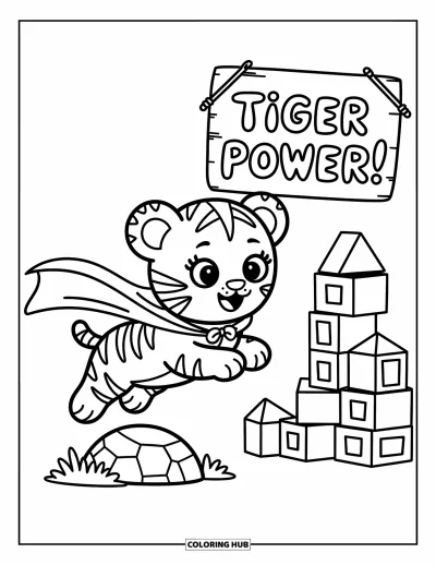 Tegning af babytiger til voksne: Lille superheltiger hopper højt med et skilt med "Tiger Power!" i nærheden
