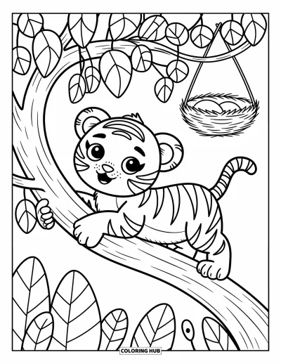 Tegning af babytiger til voksne: Lille tiger klamrer sig til en gren nær lianer og en bitte fuglerede