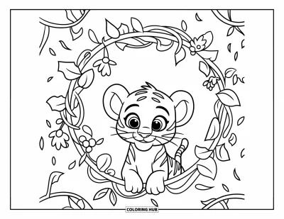 Tegning af babytiger til voksne: Lille tiger hviler i en liane- og blomsterramme med et sødt udtryk