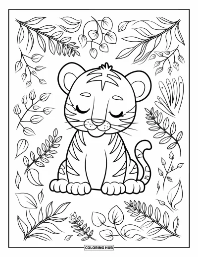 Tegning af babytiger til voksne: Lille tiger sover blandt bregner og lianer med rolig charme