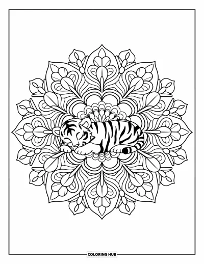 Tegning af babytiger til voksne: Fredfyldt tiger ligger i hjertet af en detaljeret mandala