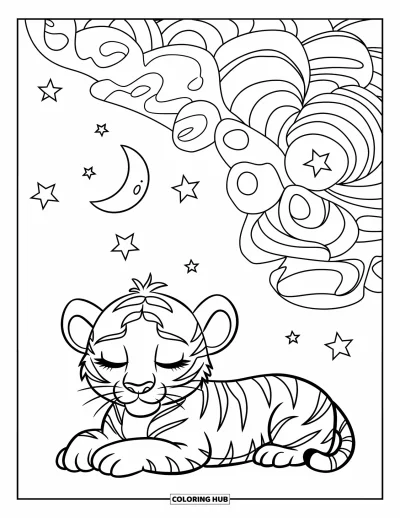 Tegning af babytiger til voksne: Fredfyldt tiger ligger under en stjernehimmel med svirende månsmønstre