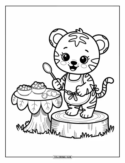 Tegning af babytiger til voksne: Legesyg babytiger tilbereder skovlækkerier med bær og bladforklæde