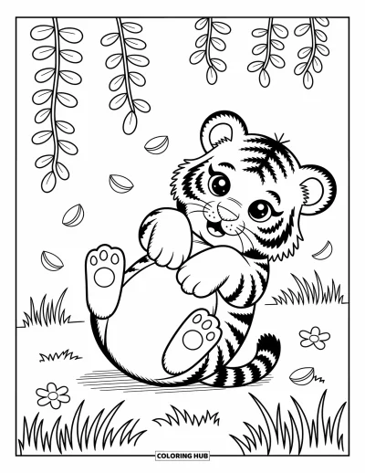 Tegning af babytiger til voksne: Legesyg tiger ligger på ryggen med blomsterblade hvile blødt på maven