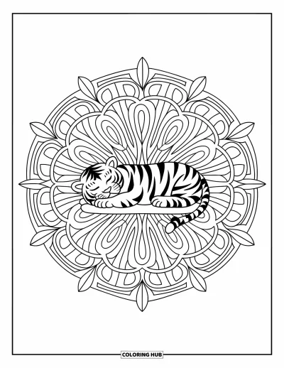 Tegning af babytiger til voksne: Sovende tiger er rullet ind i midten af et blomstrigt mandala-design
