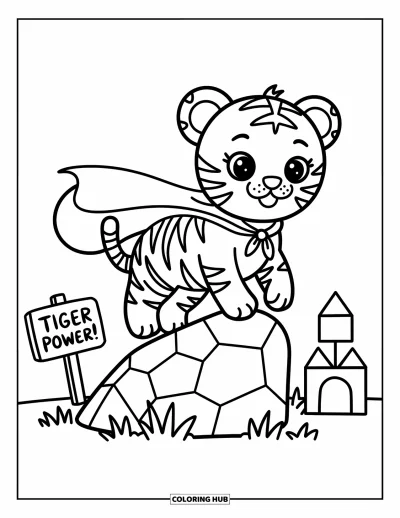 Tegning af babytiger til voksne: Tigerunge i kappe flyver ud fra en sten mod en klodsbygget by