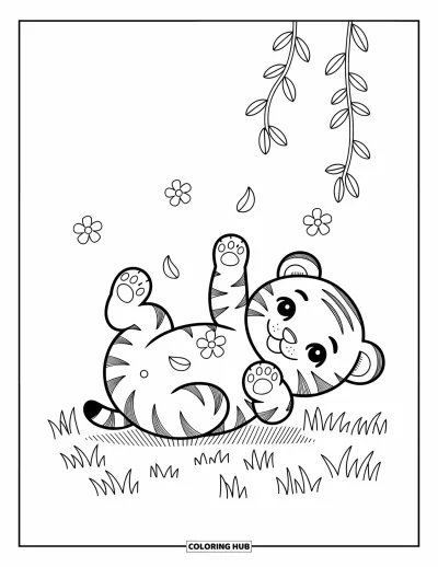 Tegning af babytiger til voksne: Tigerunge sparker poterne i vejret omgivet af faldende blomsterblade