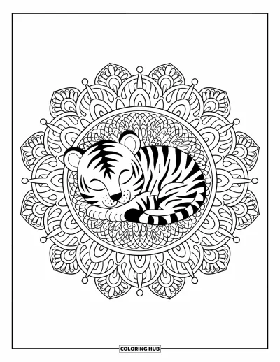 Tegning af babytiger til voksne: Tigerunge sover i en indviklet mandala fuld af blade og former