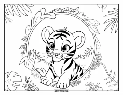 Tegning af babytiger til voksne: Tigerunge kigger ud fra en kreds af jungelblades og blomster