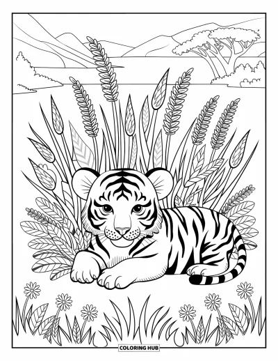 Tegning af babytiger til voksne: Tigerunge hviler hovedet på sine poter på en blomstereng