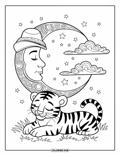 Tegning af babytiger til voksne: Tigerunge hviler under en drømmende måne med hat og stjerner ovenover