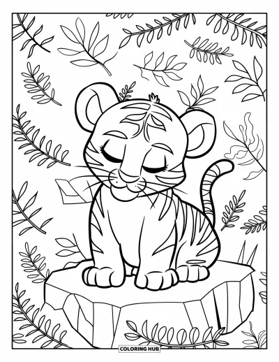 Tegning af babytiger til voksne: Tigerunge sidder roligt omgivet af gentagne blad- og bregnemønstre