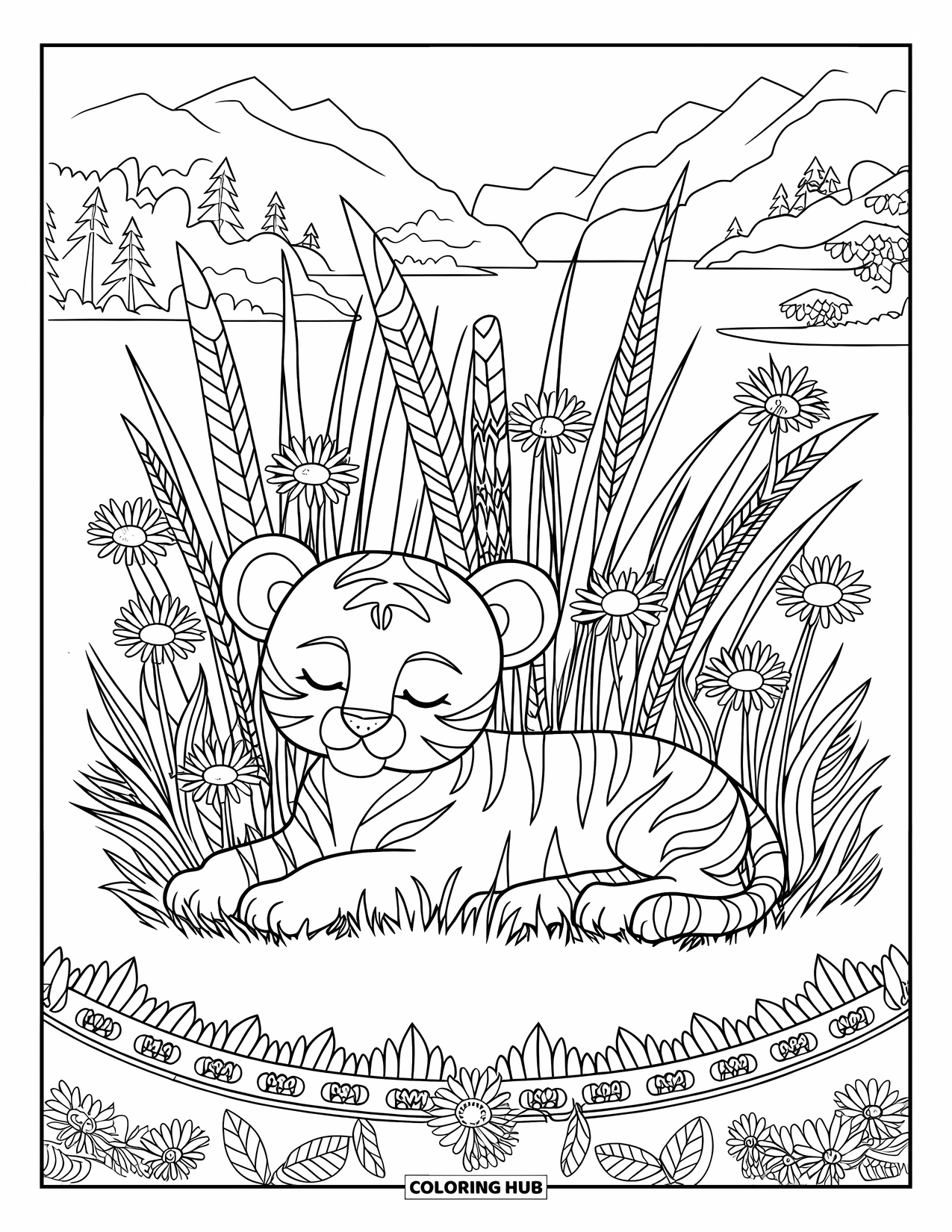 Dibujo para colorear de tigre bebé para adultos: Un cachorro de tigre duerme plácidamente entre hierba alta y flores silvestres